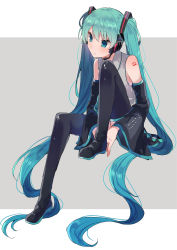Rule 34 | 1girl, absurdres, aqua eyes, aqua hair, bad id, bad pixiv id, bare shoulders, black footwear, black thighhighs, blush, boots, closed mouth, commentary request, detached sleeves, grey background, grey shirt, hatsune miku, headphones, highres, ikeuchi tanuma, long hair, long sleeves, microphone, shirt, simple background, sitting, sleeveless, sleeveless shirt, solo, thigh boots, thighhighs, twintails, twitter username, very long hair, vocaloid, wide sleeves