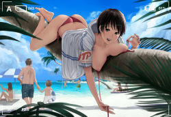 Rule 34 | 3boys, 4girls, armband, ass, ball, barefoot, beach, beachball, bikini, breasts, brown eyes, brown hair, cloud, day, exhibitionism, hayakawa pao, hood, hoodie, innertube, large breasts, leaf, looking at viewer, lying, md5 mismatch, multiple boys, multiple girls, nail polish, nipples, ocean, on stomach, open clothes, open hoodie, open mouth, original, outdoors, palm tree, public indecency, puffy nipples, red bikini, short hair, side-tie bikini bottom, sky, smile, solo focus, summer, swim ring, swimsuit, tree, umbrella, untied bikini, viewfinder, water