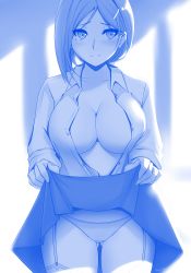 Rule 34 | 1girl, blue theme, blush, breasts, buttons, cleavage, clothes lift, collarbone, collared shirt, cowboy shot, dress shirt, embarrassed, eyes visible through hair, feet out of frame, female focus, getsuyoubi no tawawa, gluteal fold, hair ornament, hairclip, highres, kouhai-chan (tawawa), large breasts, lifted by self, light, light blush, long sleeves, looking at viewer, looking away, medium hair, mole, mole under eye, monochrome, no bra, official style, open clothes, open shirt, panties, parody, shirt, short hair, skirt, skirt lift, solo, standing, stomach, style parody, thighhighs, thighs, tony guisado, unbuttoned, unbuttoned shirt, underwear, upper body, wing collar