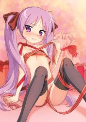 Rule 34 | 1girl, black thighhighs, blurry, blurry background, blush, box, breasts, closed mouth, commentary request, gift, gift box, hair ribbon, highres, hiiragi kagami, hotaru iori, ichimi renge, long hair, looking at viewer, lucky star, naked ribbon, nose blush, purple eyes, purple hair, red ribbon, ribbon, sack, sitting, small breasts, solo, sweat, thighhighs, twintails, valentine, very long hair