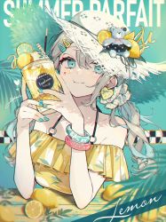 Rule 34 | 1girl, akakura, bare shoulders, bracelet, closed mouth, cup, dress, drink, earrings, fingerless gloves, food, fruit, glass, gloves, green eyes, green nails, grey hair, hair ornament, hairclip, hat, highres, holding, holding cup, ice cream, jewelry, lemon, lemon slice, light blush, long hair, looking at viewer, nail polish, original, ponytail, smile, solo, stuffed animal, stuffed toy, summer, sundress, table, teddy bear, white hat, wooden table