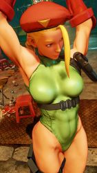 Rule 34 | 1girl, 3d, antenna hair, bare shoulders, blonde hair, blue eyes, braid, breasts, cammy white, covered navel, curvy, gloves, green leotard, groin, hat, highleg, highleg leotard, highres, large breasts, leotard, lips, long hair, red gloves, red hat, ryona, screencap, shiny clothes, solo, street fighter, street fighter v, stretching, thighs, third-party edit, thong leotard, twin braids, very long hair, wide hips