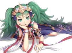 Rule 34 | 1girl, blunt bangs, braid, fire emblem, fire emblem: three houses, flat chest, green eyes, green hair, hair ornament, head rest, long hair, lying, nintendo, on stomach, pointy ears, red ribbon, ribbon, side braid, simple background, solo, sothis (fire emblem), very long hair, white background, wrist ribbon, wristband