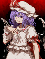 Rule 34 | 1girl, fangs, fangs out, fingernails, hair between eyes, hand on own chest, hat, hat ornament, highres, itou yuuji, medium hair, nail polish, puffy short sleeves, puffy sleeves, purple hair, red background, red eyes, red nails, red ribbon, remilia scarlet, ribbon, shirt, short sleeves, sleeve ribbon, smile, solo, touhou, white hat, white shirt, wings