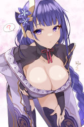 Rule 34 | 1girl, ?, blunt bangs, braid, breasts, cleavage, collarbone, genshin impact, highres, large breasts, long hair, looking at viewer, low-braided long hair, low-tied long hair, mole, mole under eye, ohta yuichi, pink background, purple eyes, purple hair, raiden shogun, solo, spoken question mark, thighs