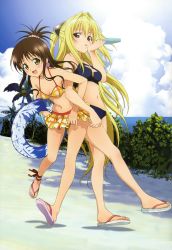 Rule 34 | 2girls, :d, absurdres, ankle lace-up, ankle ribbon, anklet, beach, bikini, bikini skirt, blonde hair, blush, breasts, brown eyes, brown hair, cleavage, cleavage cutout, clothing cutout, cloud, cross-laced footwear, day, earrings, food, highres, ice cream, innertube, jewelry, konjiki no yami, leg ribbon, licking, long hair, long legs, medium breasts, multiple girls, navel, o-ring, o-ring top, open mouth, outdoors, ponytail, popsicle, red eyes, ribbon, sandals, sky, smile, swim ring, swimsuit, to love-ru, tongue, yuuki mikan