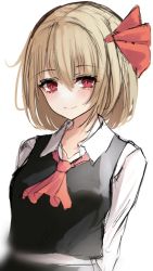 Rule 34 | 1girl, 7saki, ascot, black vest, blonde hair, blush, hair between eyes, hair ribbon, highres, long sleeves, looking at viewer, red ascot, red eyes, ribbon, rumia, shirt, short hair, simple background, smile, solo, touhou, upper body, vest, white background, white shirt