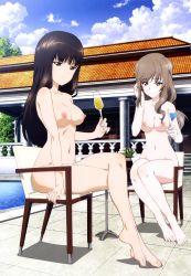 Rule 34 | 10s, 2girls, absurdres, bare shoulders, barefoot, black hair, blush, breasts, brown eyes, brown hair, chair, champagne flute, cleavage, cloud, cocktail glass, completely nude, crossed legs, cup, day, drink, drinking glass, feet, full body, girls und panzer, highres, holding, holding cup, long hair, looking at viewer, medium breasts, multiple girls, navel, nipples, nishizumi shiho, nude, nude filter, plant, poolside, shimada chiyo, sitting, sky, smile, third-party edit, tile floor, tiles, toes, tree, wang guo nian, water