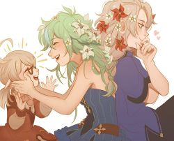 Rule 34 | 1boy, 2girls, ahoge, albedo (genshin impact), aleikats, aqua eyes, blonde hair, blue shirt, blush, closed eyes, flower, genshin impact, green hair, hair flower, hair ornament, hand on another&#039;s cheek, hand on another&#039;s face, klee (genshin impact), long hair, long sleeves, looking at another, looking to the side, low twintails, multiple girls, pointy ears, profile, red flower, shirt, short hair, short sleeves, simple background, sitting, smile, sucrose (genshin impact), sweet flower, twintails, wavy hair, white background, white flower