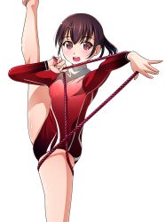 Rule 34 | 1girl, athletic leotard, bare legs, black hair, blush, breasts, brown eyes, gymnastics, half-soles, leg lift, leg up, leotard, long sleeves, looking at viewer, matsunaga kouyou, original, outstretched arm, ponytail, rhythmic gymnastics, rope, shiny skin, short hair, simple background, small breasts, solo, split, standing, standing on one leg, standing split, white background