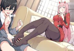Rule 34 | 10s, 1boy, 1girl, artist request, bar censor, black pantyhose, blouse, blue eyes, blush, censored, couch, darling in the franxx, feet, footjob, hair between eyes, hetero, highres, hiro (darling in the franxx), licking, licking finger, licking lips, long hair, no shoes, open clothes, open shirt, pantyhose, penis, pink hair, precum, shirt, sitting, soles, toes, tongue, tongue out, very long hair, zero two (darling in the franxx)