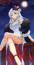 Rule 34 | 1girl, absurdres, alternate costume, ankle ribbon, azur lane, bare legs, black ribbon, blush, breasts, china dress, chinese clothes, closed mouth, coat, commentary request, crossed legs, dress, earrings, enterprise (azur lane), enterprise (blooming peony) (azur lane), feather-trimmed coat, floating hair, flower, from behind, fur-trimmed sleeves, fur trim, gold trim, hair between eyes, hair flower, hair ornament, highres, hoop earrings, jewelry, joker (tomakin524), leg ribbon, long hair, looking at viewer, looking down, medium breasts, moon, night, night sky, off shoulder, on railing, pelvic curtain, purple eyes, railing, red flower, red footwear, ribbon, shoes, sidelocks, signature, silver hair, sitting, sky, smile, solo, thighs, white dress
