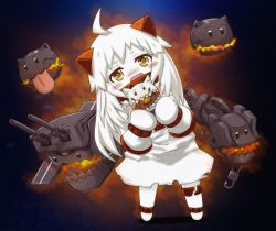 Rule 34 | 10s, 1girl, abyssal ship, ahoge, colored skin, dress, escort fortress (kancolle), floating fortress (kancolle), horns, kantai collection, long hair, looking at viewer, machinery, mittens, northern ocean princess, open mouth, sunago, turret, white dress, white hair, white skin, yellow eyes