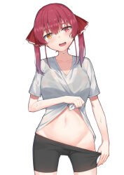 Rule 34 | 1girl, bra, bra visible through clothes, breasts, clothes lift, clothes pull, collarbone, commentary request, hair ribbon, heterochromia, highres, hololive, houshou marine, kaname (melaninusa09), large breasts, long hair, looking at viewer, navel, open mouth, red hair, ribbon, shirt, shirt lift, shorts, shorts pull, simple background, solo, sports bra, standing, stomach, sweat, sweaty clothes, t-shirt, twintails, underwear, virtual youtuber, white background