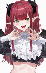 Rule 34 | 1girl, 7gao, black nails, breasts, cosplay, demon horns, demon wings, fangs, frills, highres, horns, kitagawa marin, light blush, long hair, long pointy ears, long sleeves, looking at viewer, nail polish, open mouth, pointy ears, puffy sleeves, red hair, rizu-kyun, rizu-kyun (cosplay), smile, solo, sono bisque doll wa koi wo suru, twintails, upper body, white background, wings
