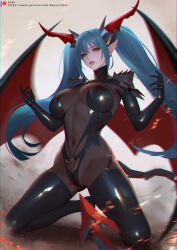Rule 34 | 1girl, azur lane, blue hair, bodystocking, breasts, demon girl, demon horns, demon tail, demon wings, elbow gloves, gloves, green eyes, highres, horns, impossible clothes, kneeling, large breasts, latex, long hair, looking at viewer, pointy ears, regensburg (azur lane), sade abyss, solo, tail, thighhighs, twintails, very long hair, wings