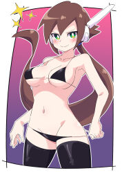 Rule 34 | 1girl, absurdres, aile (mega man zx), bikini, black bikini, black thighhighs, blush, breasts, brown hair, buzzlyears, green eyes, highres, large breasts, long hair, mega man (series), mega man zx, mega man zx advent, navel, paid reward available, ponytail, robot ears, solo, swimsuit, thighhighs