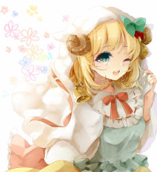 Rule 34 | 1girl, bell, blonde hair, blush, bow, dress, green eyes, hair bow, horns, one eye closed, open mouth, original, puracotte, smile, solo