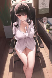 Rule 34 | 1girl, bare legs, black hair, black halo, blue archive, blush, bottomless, breasts, bright pupils, buttons, chair, cleavage, collared shirt, halo, highres, large breasts, long hair, long sleeves, looking at viewer, melt (melt out1), naked shirt, no bra, no panties, office chair, open clothes, open shirt, partially unbuttoned, red eyes, rio (blue archive), shirt, sitting, solo, swivel chair, thighs, white pupils, white shirt