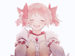 Rule 34 | 1girl, ^ ^, buttons, choker, close-up, closed eyes, collarbone, commentary request, dot nose, eyes visible through hair, facing viewer, flat chest, frilled sleeves, frills, hair ribbon, happy, highres, kaname madoka, laughing, light blue background, light blush, light particles, mahou shoujo madoka magica, mahou shoujo madoka magica (anime), open mouth, outstretched arms, pink hair, pink ribbon, puffy short sleeves, puffy sleeves, reaching, reaching towards viewer, red choker, red neckwear, ribbon, ribbon choker, round teeth, short sleeves, short twintails, simple background, solo, soul gem, tareme, teeth, twintails, twitter username, upper body, upper teeth only