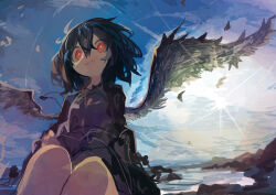 Rule 34 | 1girl, absurdres, backlighting, black hair, black wings, blue sky, bright pupils, closed mouth, dawn, feathered wings, feathers, hair between eyes, highres, kaamin (mariarose753), messy hair, red eyes, shameimaru aya, sky, solo, sun, touhou, wavy mouth, white pupils, wings
