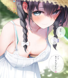 Rule 34 | 1girl, blush, braid, breasts, collarbone, commentary request, downblouse, dress, fed (giba), hat, heart, highres, looking at viewer, medium breasts, original, outdoors, sleeveless, sleeveless dress, smile, speech bubble, straw hat, sweat, translated, twin braids, white dress