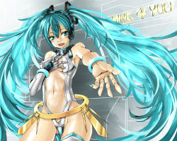 Rule 34 | alternate costume, aqua eyes, aqua hair, bracelet, eiji (eiji), gloves, hair ribbon, hatsune miku, headphones, jewelry, long hair, navel, open mouth, outstretched arms, ribbon, single glove, solo, twintails, very long hair, vocaloid