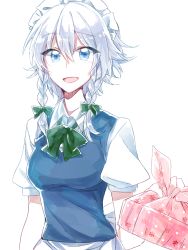 Rule 34 | 1girl, 6 (yuchae), bento, blue dress, blue eyes, bow, braid, dress, gift bag, hair bow, highres, izayoi sakuya, looking at viewer, maid, maid headdress, open mouth, puffy short sleeves, puffy sleeves, shirt, short sleeves, silver hair, simple background, smile, solo, touhou, twin braids, upper body