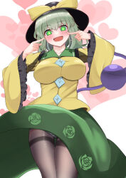 Rule 34 | 1girl, :d, absurdres, blush, breasts, green eyes, green hair, hands up, hat, heart, heart background, heaven4014, highres, komeiji koishi, large breasts, medium hair, no nose, open mouth, panties, pantyhose, pantyshot, shirt, simple background, smile, solo, third eye, touhou, underwear, wide sleeves, yellow shirt