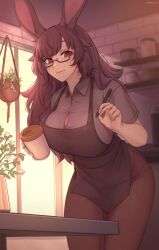 Rule 34 | 1girl, animal ears, apron, black apron, black hair, breasts, coffee cup, commission, cup, disposable cup, final fantasy, final fantasy xiv, glasses, highres, holding, holding pen, large breasts, long hair, looking at viewer, pen, rabbit ears, red eyes, semi-rimless eyewear, shellvi, solo, under-rim eyewear, viera, warrior of light (ff14)