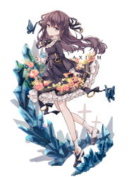 Rule 34 | 1girl, absurdres, ankle boots, arcaea, arm at side, arm up, black bow, black dress, black footwear, blue butterfly, boots, bow, brown hair, bug, butterfly, character name, commentary request, cross, crystal, dress, flower, frilled dress, frills, full body, grey eyes, hair bow, head tilt, highres, insect, long hair, long sleeves, looking at viewer, mixed-language commentary, miyu (miy u1308), pink flower, pink rose, rose, simple background, smile, solo, tairitsu (arcaea), tairitsu (axium) (arcaea), two-tone footwear, wavy hair, white background, white footwear