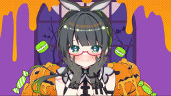 Rule 34 | 1girl, :q, animal ear fluff, animal ears, bare tree, black hair, blush, braid, candy, candy wrapper, closed mouth, commentary request, ear piercing, food, gloves, green eyes, green hair, green nails, grey gloves, hanamiya natsuka, hands on own face, hands up, heart, heart-shaped pupils, highres, indie virtual youtuber, jack-o&#039;-lantern, macaron, multicolored hair, nail polish, piercing, red-framed eyewear, see-through, semi-rimless eyewear, smile, solo, streaked hair, symbol-shaped pupils, tammy (vtuber), tongue, tongue out, tree, under-rim eyewear, virtual youtuber, window, wrapped candy