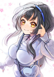 Rule 34 | 1girl, absurdres, between breasts, black hair, blush, breasts, collared shirt, hair ornament, hairband, hand in own hair, highres, hololive, hololive english, large breasts, long hair, long sleeves, looking at viewer, multicolored hair, shibedraws, shiori novella, shirt, simple background, sleeves past wrists, smile, solo, strap between breasts, very long hair, virtual youtuber, white background, white hair, white shirt, yellow eyes