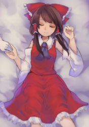 Rule 34 | 2girls, ascot, bed, blurry, bow, breasts, brown hair, closed eyes, detached sleeves, frilled bow, frilled skirt, frills, gloves, hair bow, hair tubes, hakurei reimu, hand up, holding hands, lying, medium breasts, multiple girls, on back, on bed, out of frame, red shirt, red skirt, shirt, short hair, shukinuko, skirt, sleeping, sleeveless, sleeveless shirt, smile, solo focus, touhou, white gloves, yakumo yukari