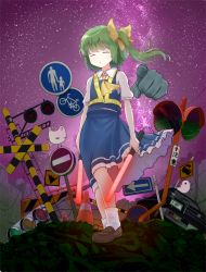 Rule 34 | 1girl, arms at sides, blue skirt, blue vest, brown footwear, car, closed eyes, closed mouth, collared shirt, cookie (touhou), daiyousei, dual wielding, facing viewer, frown, full body, green hair, hair ribbon, high-visibility vest, hinase (cookie), holding, loafers, medium hair, midriff peek, motor vehicle, night, night sky, no entry sign, outdoors, pai kebon baa, purple sky, railroad crossing, ribbon, road sign, shirt, shoes, short sleeves, side ponytail, sign, skirt, skirt set, sky, socks, standing, star (sky), starry sky, touhou, traffic baton, traffic cone, traffic light, traffic mirror, vest, white legwear, white shirt
