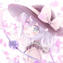 Rule 34 | 1girl, @ @, bad id, bad pixiv id, black hat, blush, bow, cherry blossoms, from side, green hair, hat, hat bow, heart, heart of string, komeiji koishi, looking at viewer, medium hair, meta-kusuri, open mouth, petals, shirt, solo, third eye, touhou, upper body, yellow bow, yellow shirt