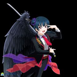 Rule 34 | 1girl, artist name, artist request, belt, black background, black cardigan, black feathers, black jacket, black pants, black wings, blue hair, blush, breasts, cardigan, collared shirt, feather hair ornament, feathers, female focus, guilty kiss (love live!), hair bun, hair ornament, hair scrunchie, holding, holding sword, holding weapon, jacket, long hair, long sleeves, looking at viewer, love live!, love live! school idol festival, love live! sunshine!!, necktie, pants, parted lips, pink eyes, purple eyes, purple scrunchie, red belt, red necktie, scrunchie, shirt, side bun, single hair bun, single wing, small breasts, smile, solo, striped, striped necktie, sword, tsushima yoshiko, v, v over eye, weapon, white shirt, wings