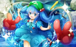 Rule 34 | 1girl, backpack, bag, blue eyes, blue shirt, blue skirt, blush, bush, cabbie hat, collar, collared shirt, double v, frilled shirt collar, frilled skirt, frills, game cg, green bag, green hat, hair bobbles, hair ornament, hat, kanna (chaos966), kawashiro nitori, key, lake, long hair, looking at viewer, mechanical arms, midriff, miniskirt, moss, navel, official art, open mouth, outdoors, pocket, puffy short sleeves, puffy sleeves, rock, screwdriver, shirt, short sleeves, sidelocks, skirt, smile, sparkle, third-party source, touhou, touhou cannonball, twintails, v, v-shaped eyebrows, water, white collar, wrench