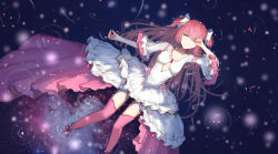 Rule 34 | 1girl, absurdres, arm up, bow, breasts, character cutout, collarbone, dress, frilled dress, frills, from above, hair bow, highres, huijin zhi ling, kaname madoka, layered dress, long hair, looking at viewer, lying, mahou shoujo madoka magica, mahou shoujo madoka magica (anime), on back, one eye closed, petals, pink hair, pink thighhighs, reflecting pool, reflection, reflective water, sky, small breasts, solo, star (sky), starry sky, thighhighs, twintails, two side up, ultimate madoka, very long hair, white bow, white dress, yellow eyes
