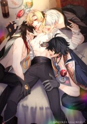 Rule 34 | 4boys, alcohol, black hair, blonde hair, brown hair, character request, colored tips, earrings, frilled shirt, frills, gem, hair over eyes, high ponytail, hiki yuichi, holding hands is lewd, interlocked fingers, jewelry, lens flare, licking another&#039;s neck, light particles, light rays, looking at viewer, lying, male harem, multicolored hair, multiple boys, nipples, open clothes, orange hair, oujitachi no insan, red eyes, red gemstone, shirt, short hair, tongue, tongue out, white hair, wine, yaoi, yellow gemstone