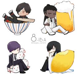 Rule 34 | 4boys, absurdres, alcohol, beef, beer, beer mug, black hair, black jacket, black pants, bowl, cape, chopsticks, coat, cup, esther (project moon), food, fruit, gold trim, gyuudon, highres, in bowl, in container, jacket, lemon, library of ruina, mug, multiple boys, olivier (project moon), pants, project moon, purple coat, purple hair, purple pants, simple background, sitting, to ame ha yaiba, valentin (project moon), white background, white cape, white coat, white pants, yesod (project moon)