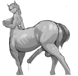 1futa animal_ears animal_penis ass back braid breasts centaur commentary completely_nude english_commentary erection feet_out_of_frame futanari greyscale hand_on_own_chest horse_ears horse_penis horse_tail huge_breasts huge_penis large_testicles looking_back looking_to_the_side monochrome muscular muscular_female nisetanaka nude original parted_lips penis precum precum_string simple_background solo standing tail taur testicles uncensored v-shaped_eyebrows white_background