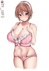 Rule 34 | 1girl, blush, bra, breasts, brown eyes, brown hair, cowboy shot, embarrassed, hair between eyes, hairband, highres, kantai collection, large breasts, legs together, looking at viewer, natori (kancolle), one-hour drawing challenge, panties, pink bra, pink panties, short hair, solo, tf cafe, twitter username, underwear, white background, white hairband