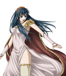 Rule 34 | 1girl, armpits, bad id, bad pixiv id, bare shoulders, blue eyes, blue hair, delsaber, dress, fire emblem, fire emblem: the binding blade, hat, jewelry, lilina (fire emblem), long hair, matching hair/eyes, nintendo, open mouth, side slit, simple background, solo, thighhighs, white background, white dress, white thighhighs