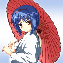 Rule 34 | 1girl, alternate costume, asagi nanami, blue hair, commentary request, eyebrows hidden by hair, eyelashes, from side, hair between eyes, hairband, hands up, highres, holding, holding umbrella, japanese clothes, kimono, blue background, light blush, little busters!, long sleeves, looking at viewer, miko, nishizono mio, oil-paper umbrella, parted lips, red hairband, red umbrella, short hair, simple background, solo, umbrella, upper body, white kimono, wide sleeves, yellow eyes