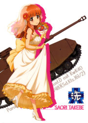 Rule 34 | 1girl, absurdres, blunt bangs, bouquet, bow, bridal veil, brown eyes, character name, dress, flower, from side, full body, girls und panzer, gloves, hair flower, hair ornament, high heels, highres, holding, holding bouquet, long dress, long hair, looking at viewer, military, military vehicle, motor vehicle, orange flower, orange hair, panzer iv, panzer iv, pumps, see-through, skirt hold, sleeveless, sleeveless dress, solo, standing, standing on one leg, strapless, strapless dress, takebe saori, tank, tongue, tongue out, veil, white background, white dress, white footwear, yellow bow, yellow gloves