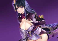 Rule 34 | 1girl, absurdres, black hair, braid, breasts, bridal gauntlets, cleavage, closed mouth, frown, genshin impact, gradient background, hair ornament, hands on own breasts, highres, japanese clothes, kikimi, kimono, large breasts, long hair, looking at viewer, obi, off shoulder, purple background, purple eyes, purple kimono, raiden shogun, sash, short kimono, single braid, sitting, solo, tassel, thighs, very long hair, wide sleeves