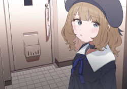 Rule 34 | 1girl, absurdres, beret, black dress, blue bow, blue bowtie, blue collar, blue eyes, blue hat, bow, bowtie, brown hair, closed mouth, collar, commentary request, door, dress, hat, highres, idolmaster, idolmaster million live!, indoors, looking at viewer, meeeeeeco359, short hair, solo, suou momoko, tile floor, tiles, upper body