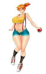 Rule 34 | 1girl, alternate breast size, asymmetrical hair, bare arms, bare shoulders, bikini, black socks, blue eyes, breasts, cleavage, closed mouth, collarbone, creatures (company), crop top, denim, denim shorts, full body, game freak, highres, knees together feet apart, large breasts, legs, midriff, misty (pokemon), navel, nintendo, one-piece swimsuit, open fly, orange hair, panties, poke ball, poke ball (basic), pokemon, pokemon (anime), pokemon (classic anime), shoes, short hair, short shorts, short sidetail, shorts, simple background, sneakers, socks, solo, standing, suspenders, swimsuit, tankini, thigh gap, thighs, underwear, white background, wide hips, yellow one-piece swimsuit, yellow panties, zcune