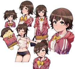 Rule 34 | 10s, 1girl, 2channel, ;d, alternate hair length, alternate hairstyle, aramaki scaltinof, bad id, bad twitter id, bag, bow, bowtie, brown hair, cropped legs, dress shirt, gym shirt, gym shorts, hand in pocket, honda mio, hood, hooded jacket, hooded track jacket, hoodie, idolmaster, idolmaster cinderella girls, jacket, jp06, looking at viewer, midriff, multiple views, navel, one eye closed, open mouth, ponytail, school bag, school uniform, shirt, short shorts, shorts, side ponytail, simple background, skirt, smile, stretching, track jacket, twintails, white background, wristband, yellow eyes